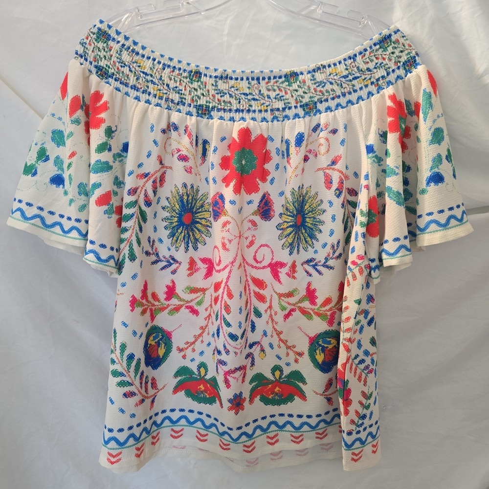 Flying Tomato Floral Off The Shoulder Top Textured Boho-chic Bell Sleeves Sz L - Picture 6 of 11